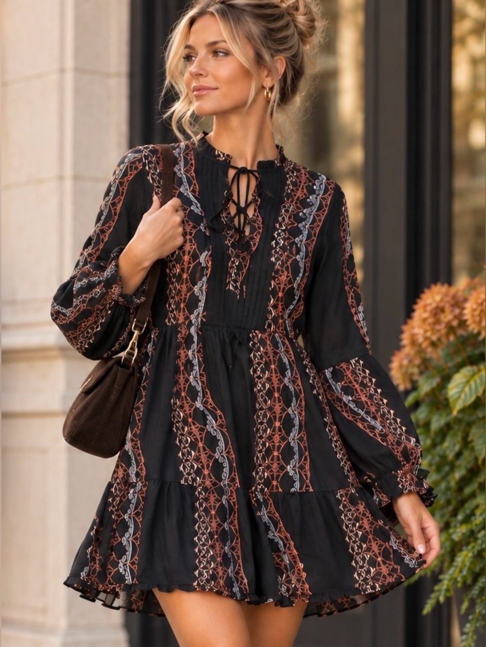 All Saints Black Mini Dress Size 2/XS Boho Lace Up Front Babydoll $299 MSRP